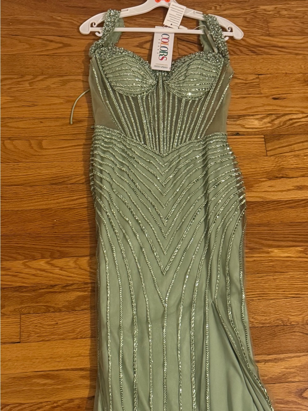 Jovani Sage Green Beaded Prom Gown